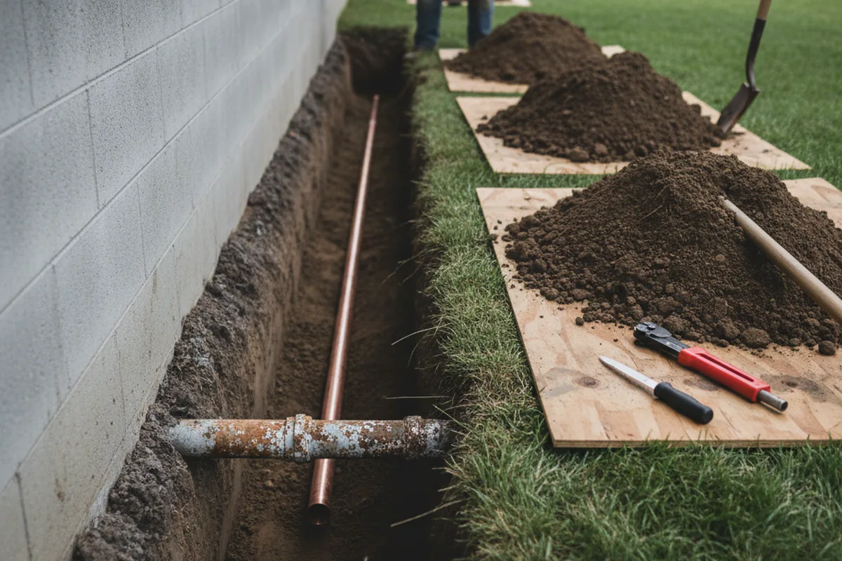 Excavated water line trench during Sewer Line Repair in Eltopia